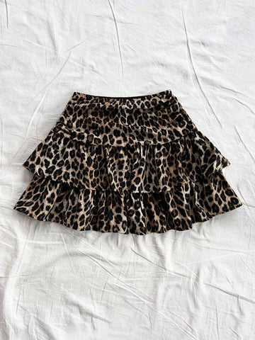 Falda mini casual con volantes de doble capa y pliegues con estampado de leopardo vintage para mujer