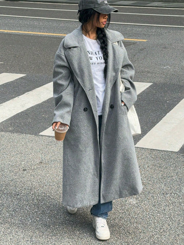 Abrigo de lana de solapa doble botonadura casual de unicolor de manga larga para mujer