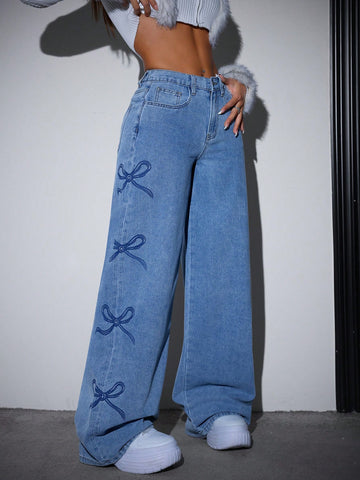 Jeans casuales de corte holgado para mujer con detalle de lazo