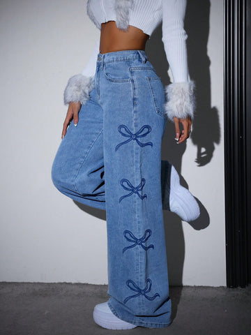 Jeans casuales de corte holgado para mujer con detalle de lazo