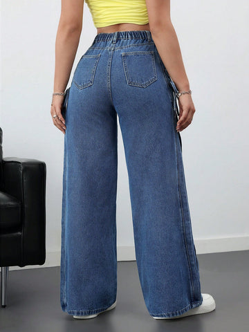 Pantalones de mezclilla casuales y sueltos con lazo para mujer
