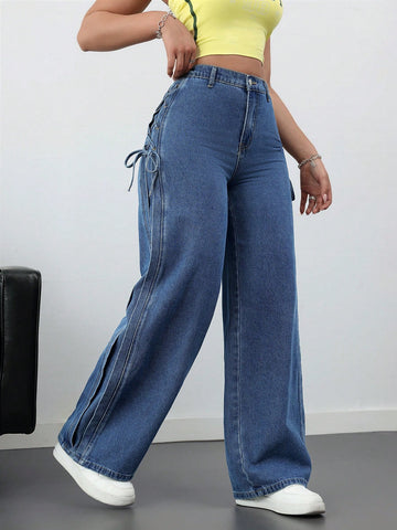 Pantalones de mezclilla casuales y sueltos con lazo para mujer