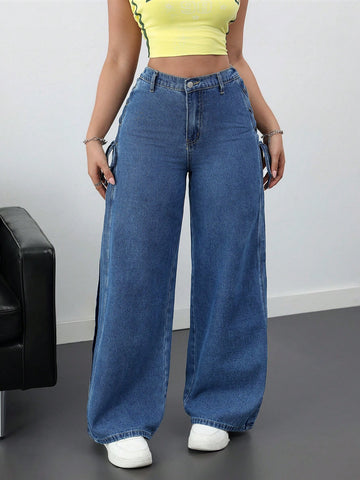 Pantalones de mezclilla casuales y sueltos con lazo para mujer