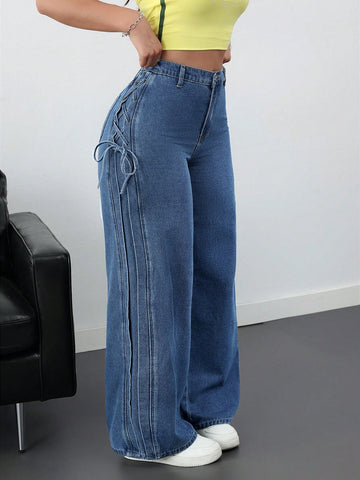 Pantalones de mezclilla casuales y sueltos con lazo para mujer