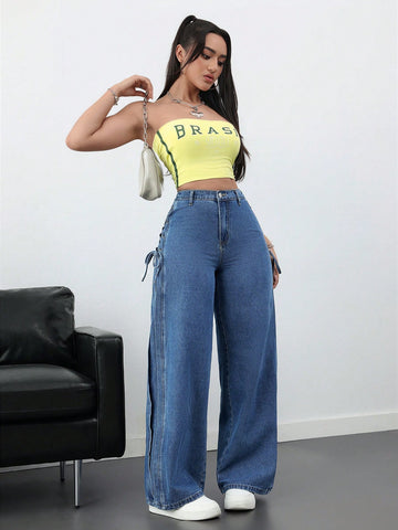Pantalones de mezclilla casuales y sueltos con lazo para mujer