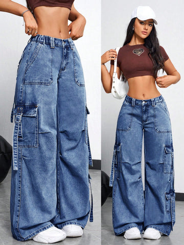 Jeans sueltos y casuales con bolsillos, pliegues y diseño de pierna ancha, con botones, bolsillos y cierre, tiro bajo, pierna ancha