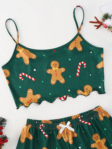 Conjunto de pijama navideño Estampado festivo de pan de jengibre