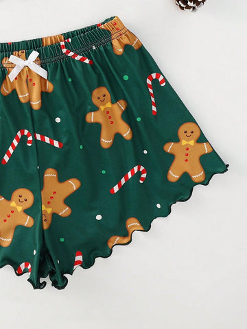 Conjunto de pijama navideño Estampado festivo de pan de jengibre