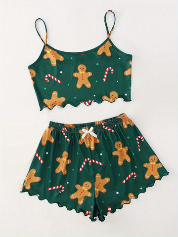 Conjunto de pijama navideño Estampado festivo de pan de jengibre
