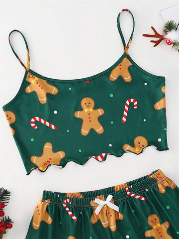 Conjunto de pijama navideño Estampado festivo de pan de jengibre