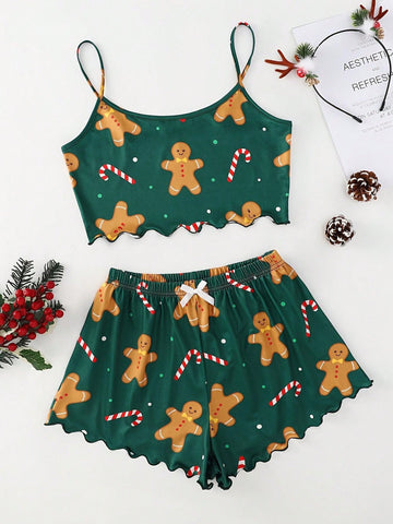 Conjunto de pijama navideño Estampado festivo de pan de jengibre