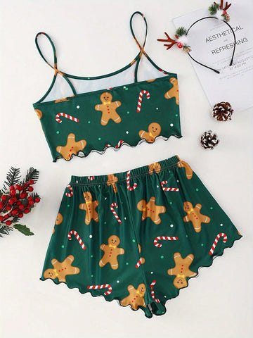 Conjunto de pijama navideño Estampado festivo de pan de jengibre