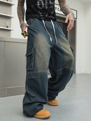 Jeans holgados y sueltos de carga azul marino lavado vintage