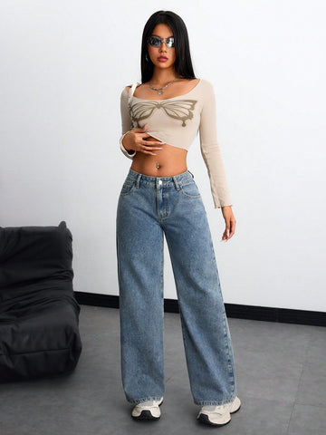 Jeans de pierna ancha casuales para mujer con bolsillo oblicuo para uso diario