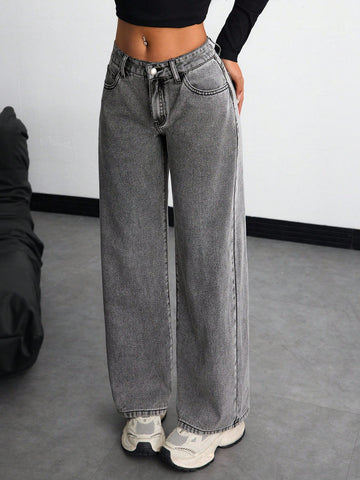 Jeans de pierna ancha casuales para mujer con bolsillo oblicuo para uso diario