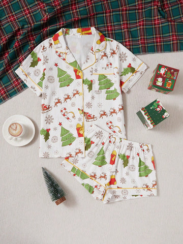 Pijama de pantalón corto con estampado navideño y manga corta