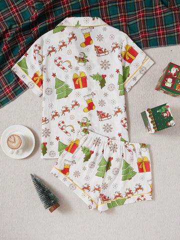 Pijama de pantalón corto con estampado navideño y manga corta