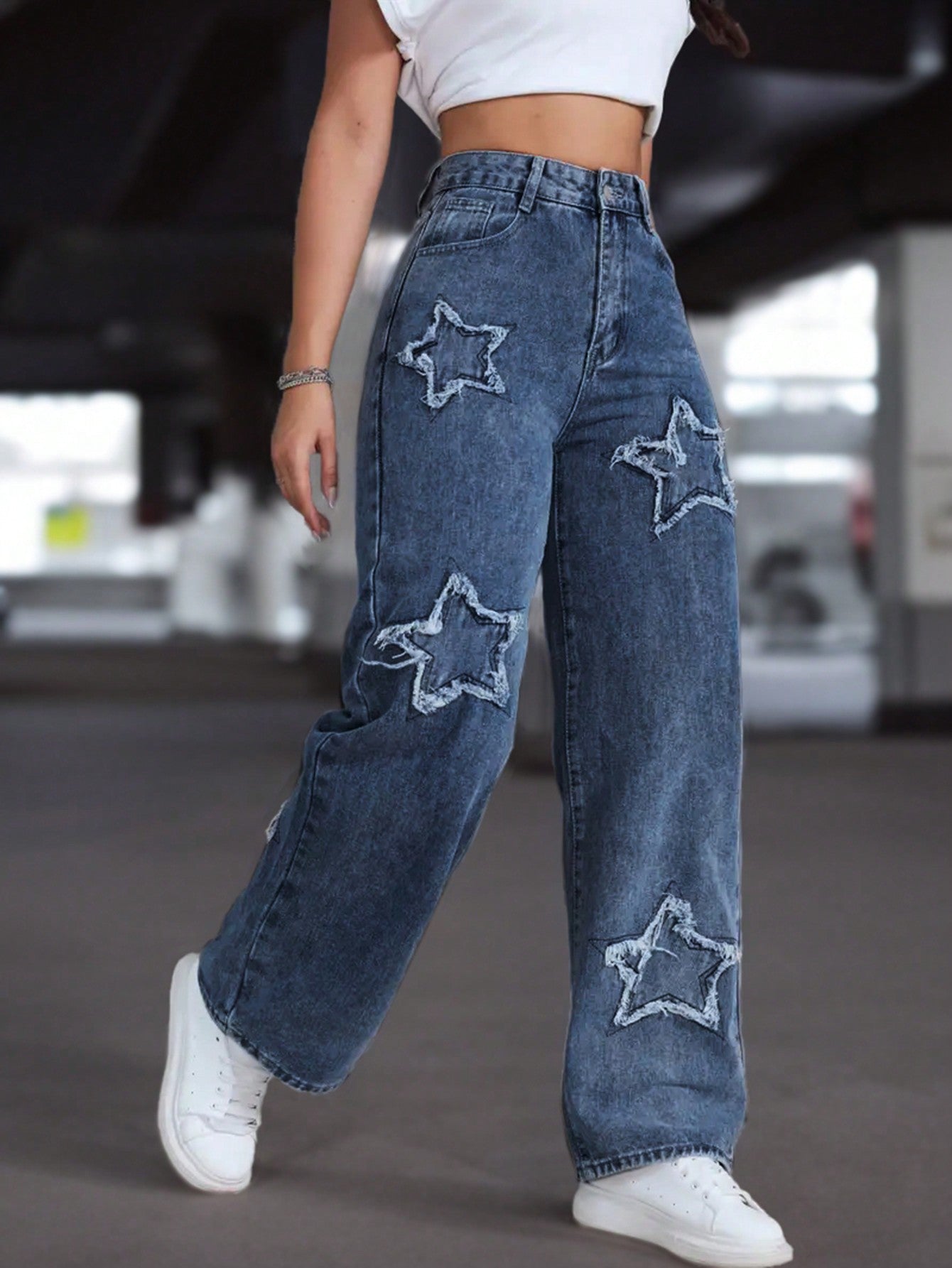 Jeans de mezclilla casuales con bordado de estrellas para mujeres Dark Blue XS