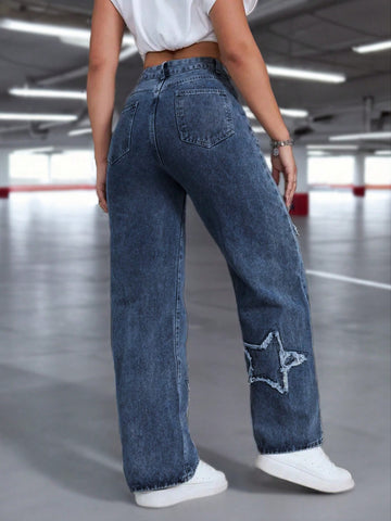 Jeans de mezclilla casuales con bordado de estrellas para mujeres