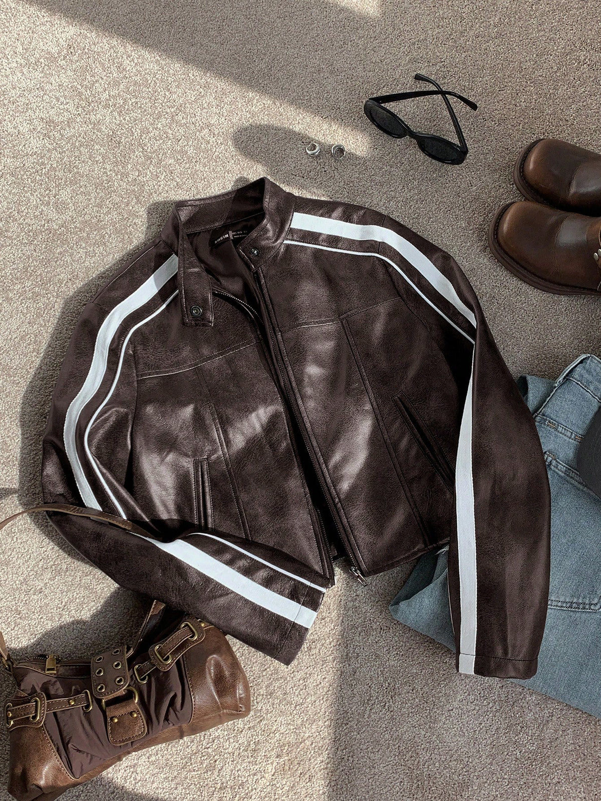 Chaqueta corta marrón de manga larga a rayas, informal, para mujer, de otoño