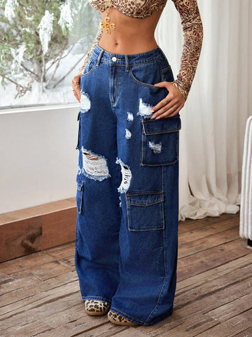 Jeans de diseño sexy y a la moda para damas con agujeros y detalles en los bolsillos