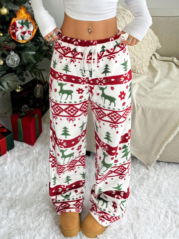 Pantalones rectos holgados con estampado gráfico de peluche navideño