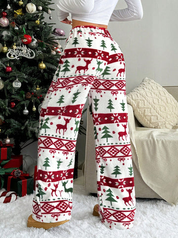 Pantalones rectos holgados con estampado gráfico de peluche navideño