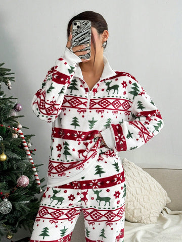 Pantalones rectos holgados con estampado gráfico de peluche navideño