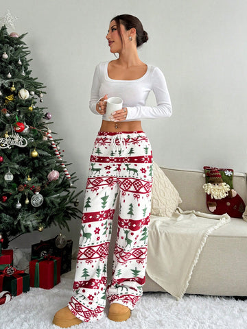 Pantalones rectos holgados con estampado gráfico de peluche navideño