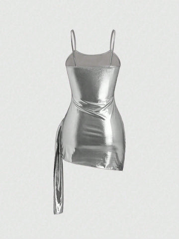 Vestido elegante y delgado con tiras de espagueti, espalda descubierta, cintura con lazo y plisado para mujer