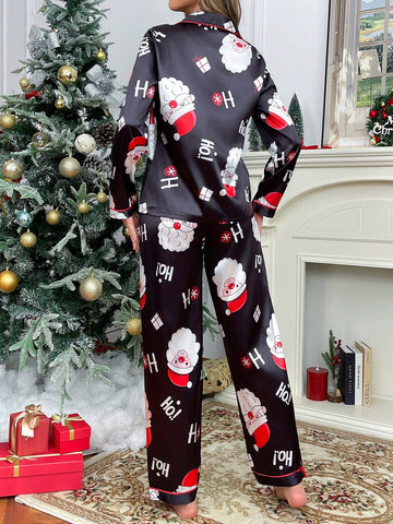 Conjunto de pijama de cardigan de manga larga y pantalones con estampado de Papá Noel y cuello de satín