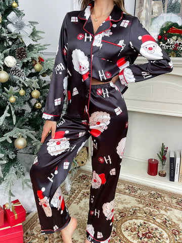 Conjunto de pijama de cardigan de manga larga y pantalones con estampado de Papá Noel y cuello de satín