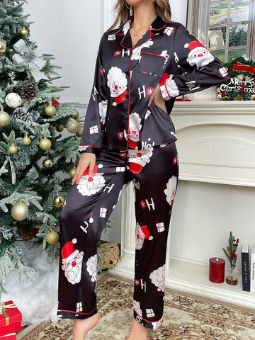 Conjunto de pijama de cardigan de manga larga y pantalones con estampado de Papá Noel y cuello de satín