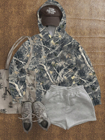 Sudadera con capucha con estampado de camuflaje de ramas de patrón casual para otoño/invierno