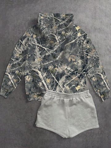 Sudadera con capucha con estampado de camuflaje de ramas de patrón casual para otoño/invierno