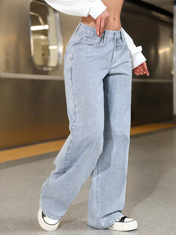 Jeans de pierna ancha casuales para mujer con bolsillo oblicuo para uso diario