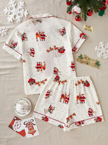 Conjunto de pijama de manga corta y pantalones cortos con estampado navideño