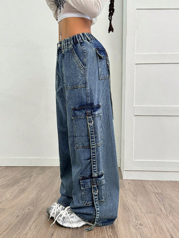 Pantalones vaqueros cargo de pierna ancha con cintura con cordón y lavado casual para mujeres