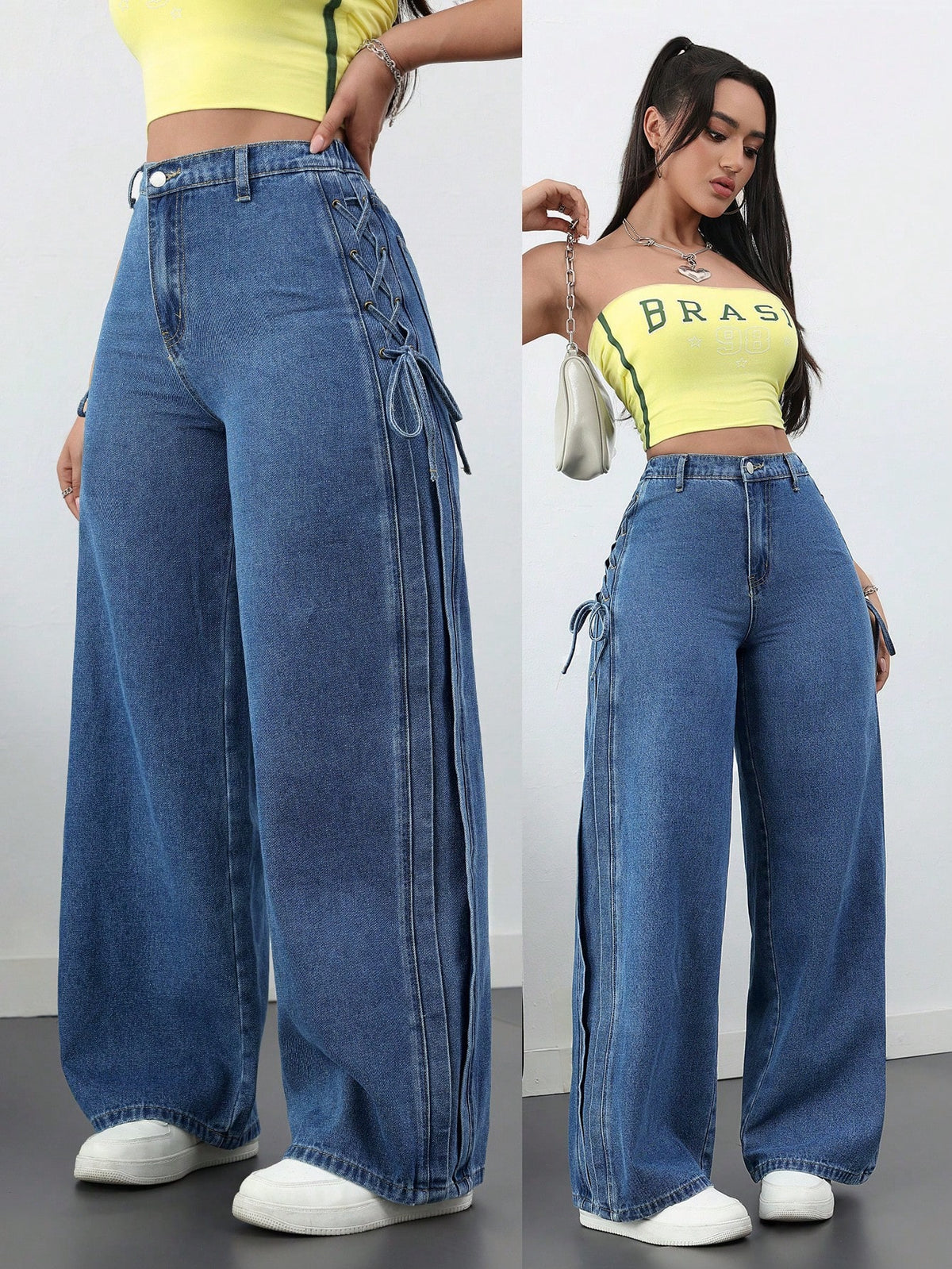 Pantalones de mezclilla casuales y sueltos con lazo para mujer