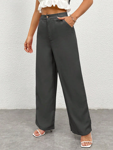 Pantalones anchos de pierna ancha con bolsillos lisos y casuales