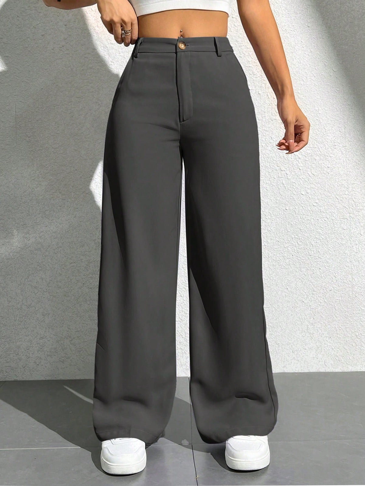 Pantalones anchos de pierna ancha con bolsillos lisos y casuales