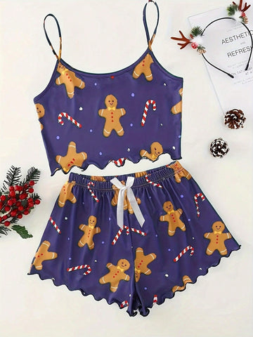 Conjunto de pijama navideño Estampado festivo de pan de jengibre