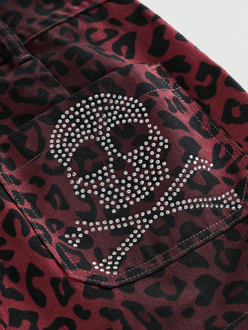 Falda de mujer con decoración de calavera de rhinestones, estampado de leopardo lavado estilo PUNK