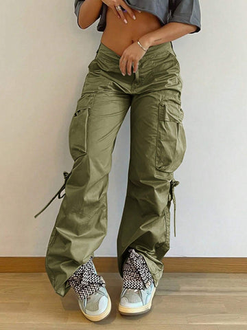 Pantalones cargo tipo paracaídas informales holgados con bolsillos con solapa y detalles de cinta, estilo callejero Y2K