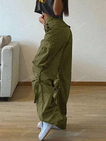 Pantalones cargo tipo paracaídas informales holgados con bolsillos con solapa y detalles de cinta, estilo callejero Y2K