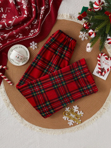 Pantalones de franela holgados y casuales con estampado de cuadros navideños