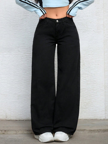 Jeans de pierna ancha casuales para mujer con bolsillo oblicuo para uso diario