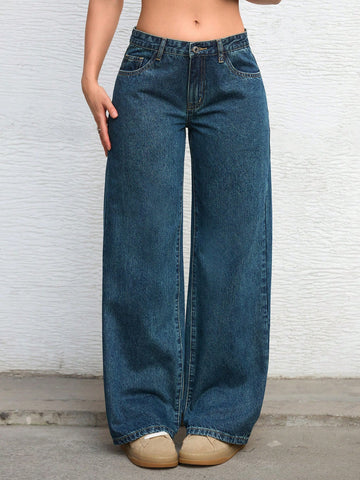 Jeans de pierna ancha casuales para mujer con bolsillo oblicuo para uso diario