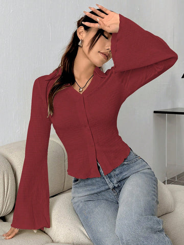 Camisa De Mujer Con Manga De Campana De Color Sólido