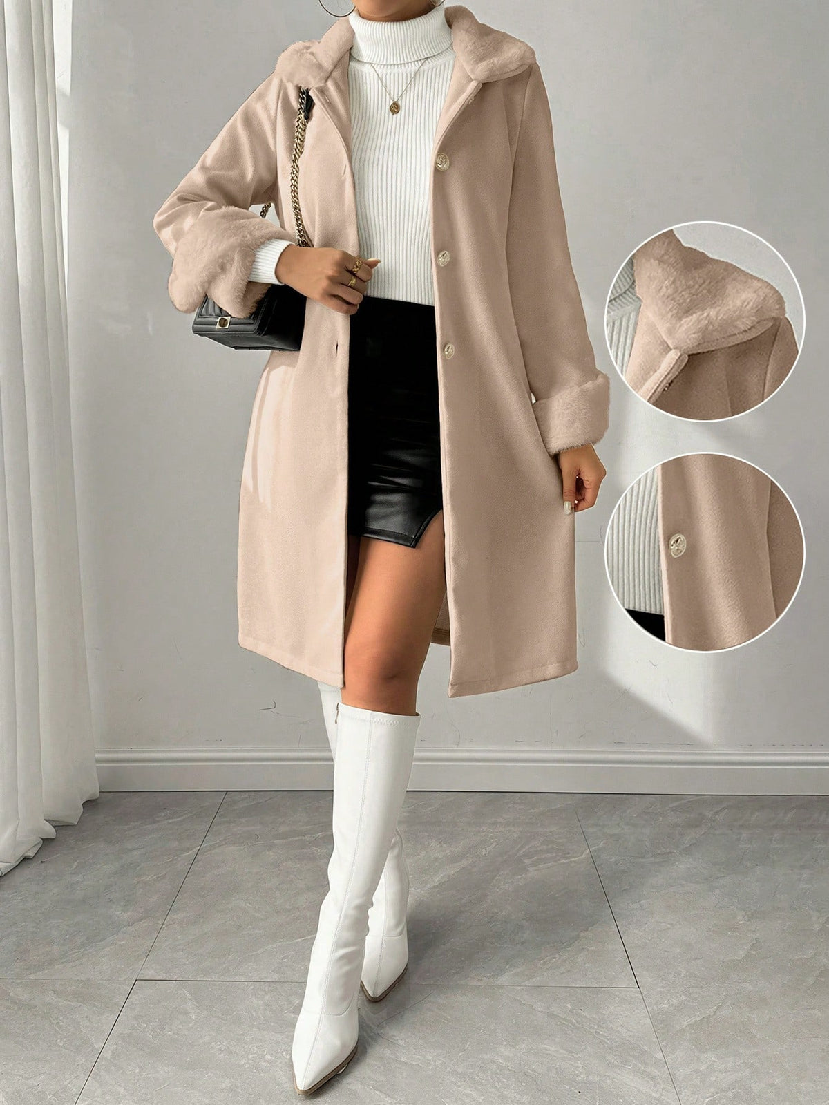 Chaqueta informal de mezcla de lana con botones, mangas largas y cuello de piel, unicolor